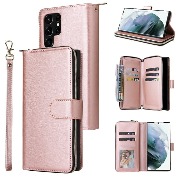 Feishell for Samsung Galaxy S22 Ultra (6.8 inch) Wallet Case for Women Men,Premium PU Leather Magnetic Clasp Zipper 9 Card Slots Folio Flip Holder Shockproof Phone Case with Wrist Strap,Rosegold