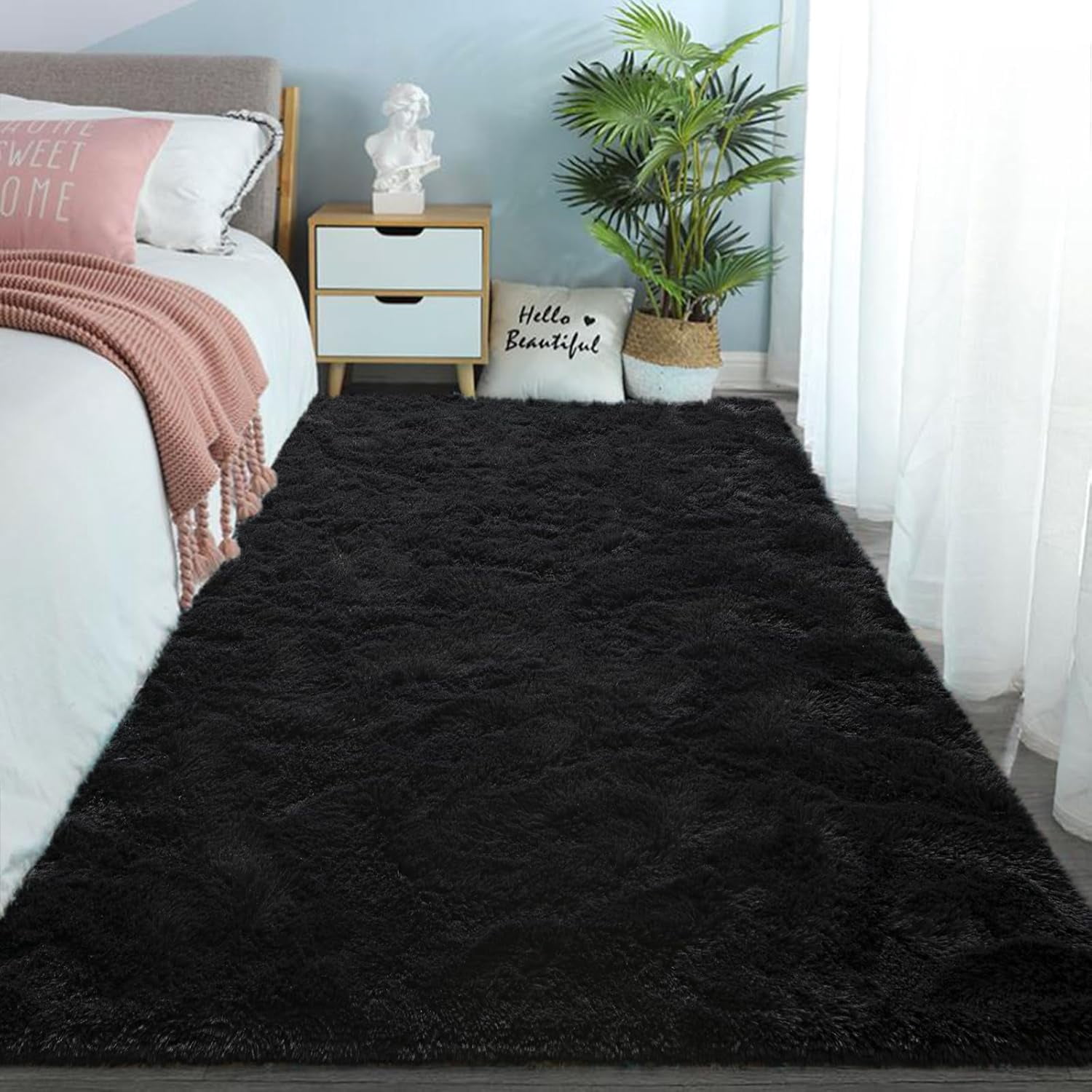 Homore Cute Fluffy Velvet Carpet Soft Washable Area Rugs for Bedroom/ Living Room Decoration,9'x12',Black