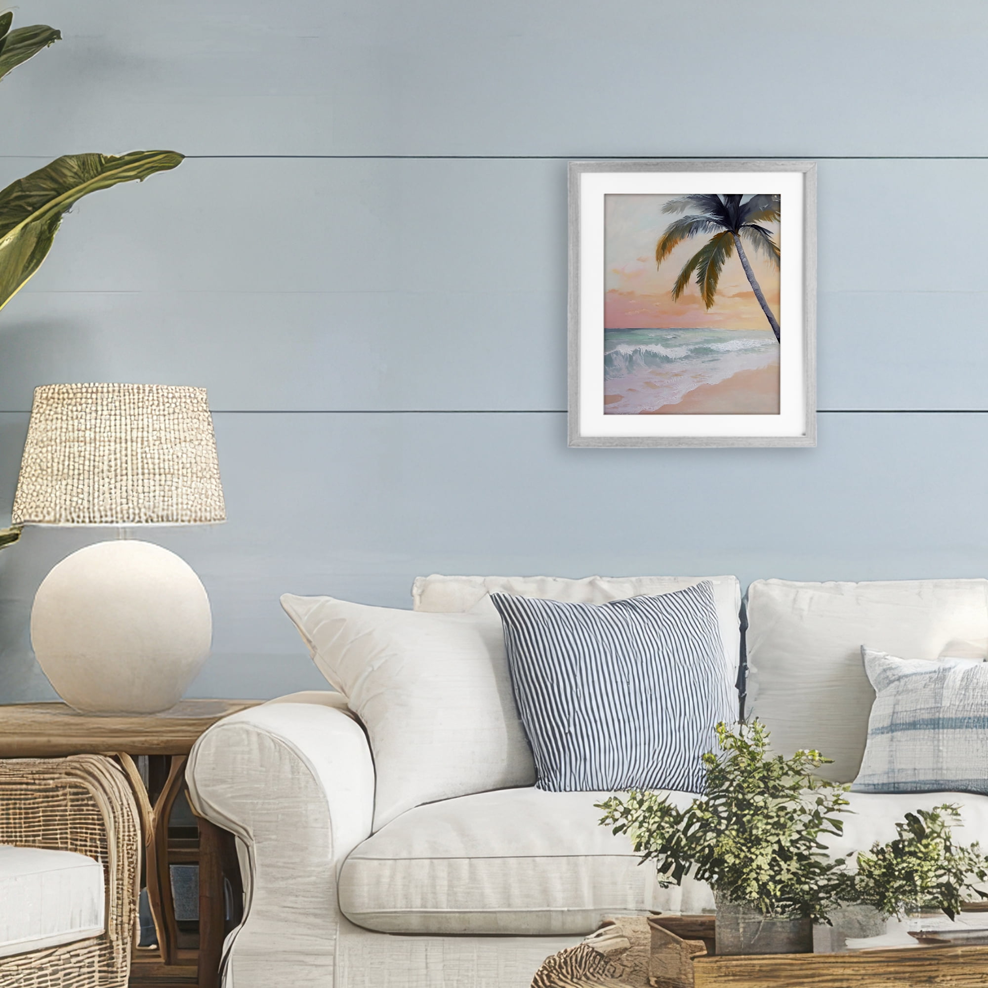 Stupell Industries Tranquil Sunset & Beach Palm Gray Framed Print Under Glass, design by Creative Studio