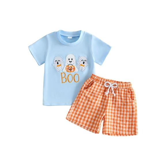 RUINIXCW Toddler Baby Boy Halloween Outfit Infant Boys Summer Fall Clothes Ghost Embroidery Short Sleeve T Shirt and Pockets Plaid Shorts 2Pcs Set