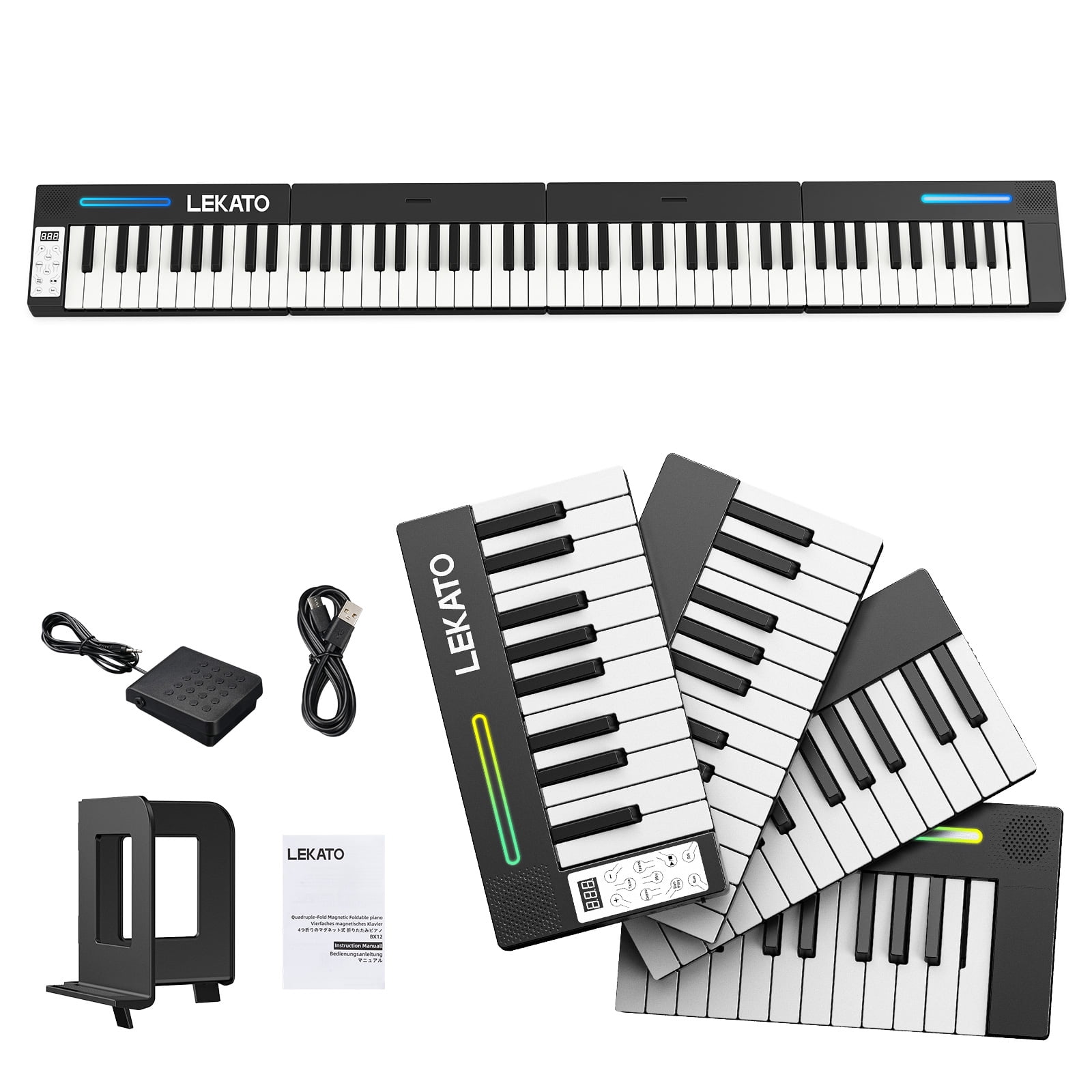 LEKATO Portable Piano Keyboard, 4 pcs Magnetic Electric Piano with Up to 88 Keys, 128 Tones, 128 Rhythm, 21 Demo, Split, Dual Tone, Record, Bluetooth MIDI, Headphone Jack, for Beginners Home Travel