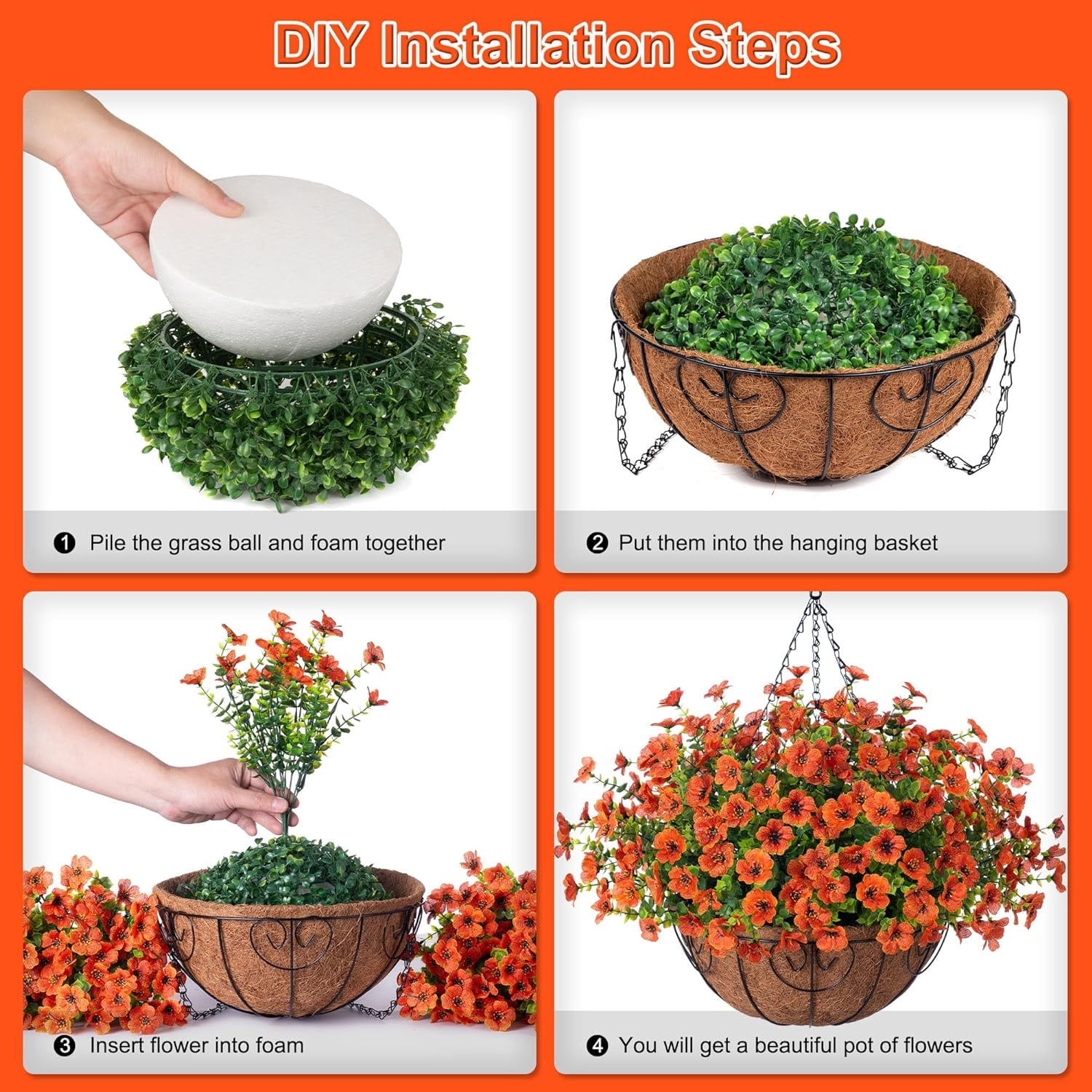 Artificial Flowers Hanging Basket for Outdoor Indoor Spring Decoration,Fake Silk Colorful Daisy Eucalyptus in Metal Coconut Lining Flowerpot Arrangement for Patio Yard Decor(Purple)