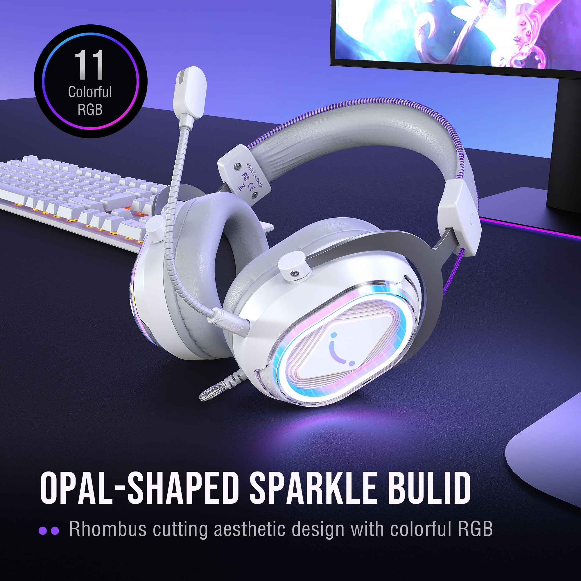 FIFINE Wired Gaming Headset with Noise Canceling Mic, USB Gamer Headphone for PC Computer, PS5/PS4 with RGB Control, 7.1 Sound, Chat/Game Balance, White H13