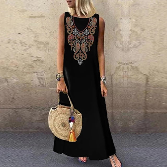 FcBaudy Robe Sans Manches à Col Rond, Robes d'Été pour Femmes, Robes Mode Femmes Été Décontracté Imprimé Robe Longue Ample Sans Manches Robe Femmes