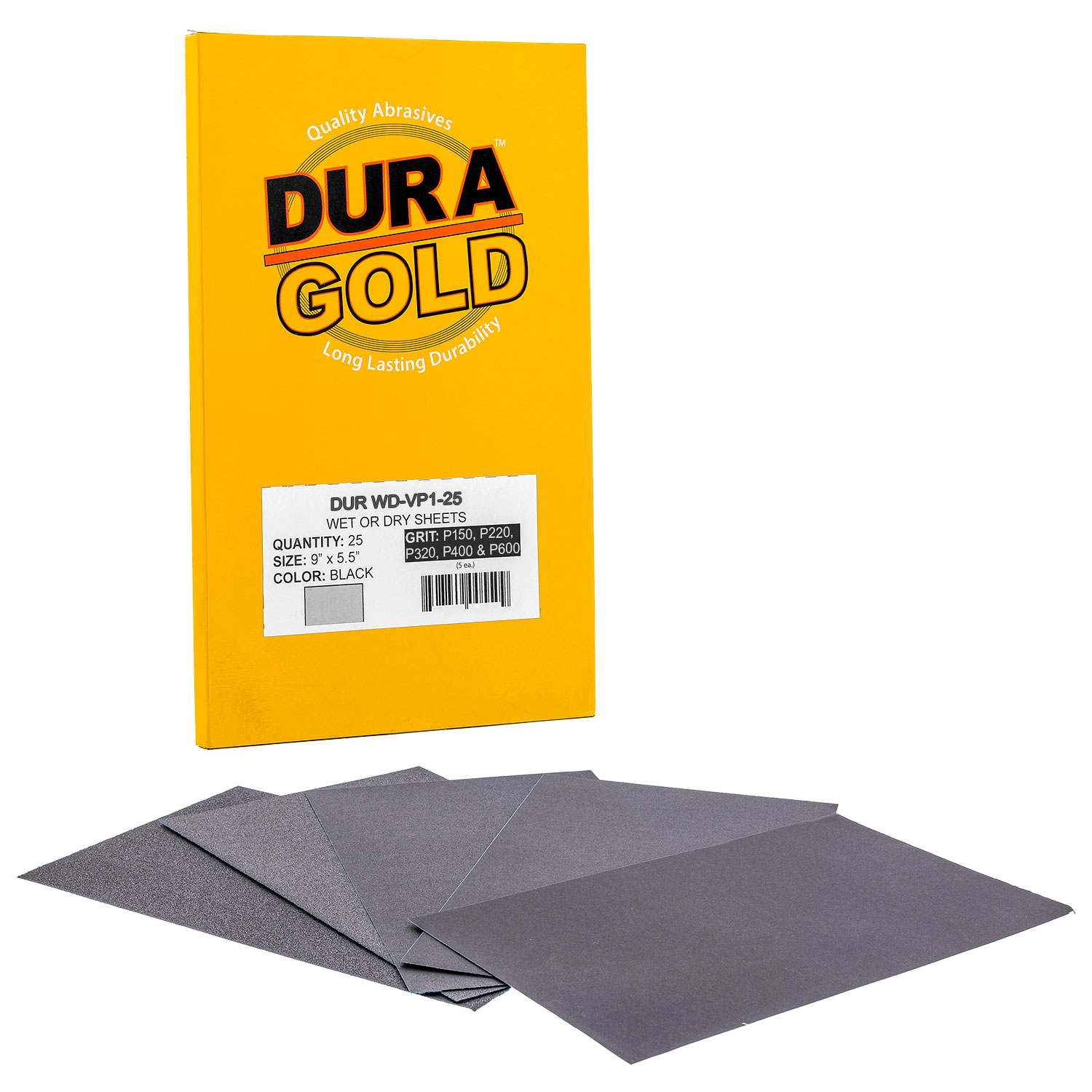 Dura-Gold 320 Grit Gold 1/4 Sheet Sandpaper – Hook & Loop, 5.5x4.5 Inches (Box Of 25)