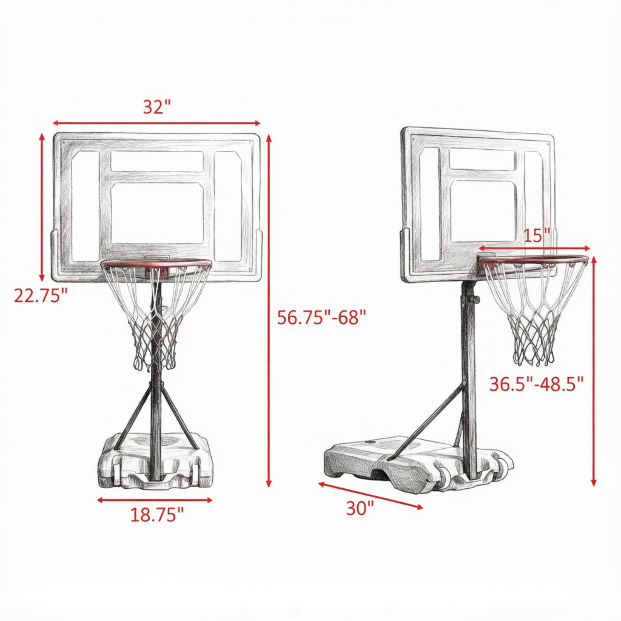 Adjustable Poolside Basketball Hoop Stand 5 Height Levels 36.5-48.5in, Weighted Fillable Base with Rolling Wheels Portable Water Basketball Game for Family Pool Party