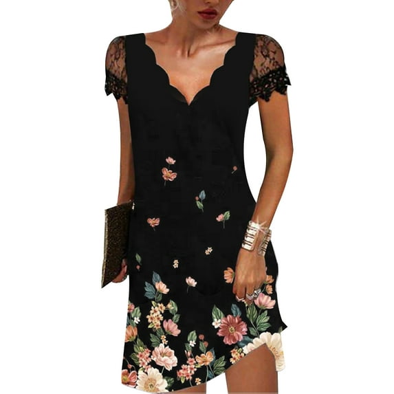 YAGHYAGH Womens Lace Short Sleeve V Neck Printed Mini Dress