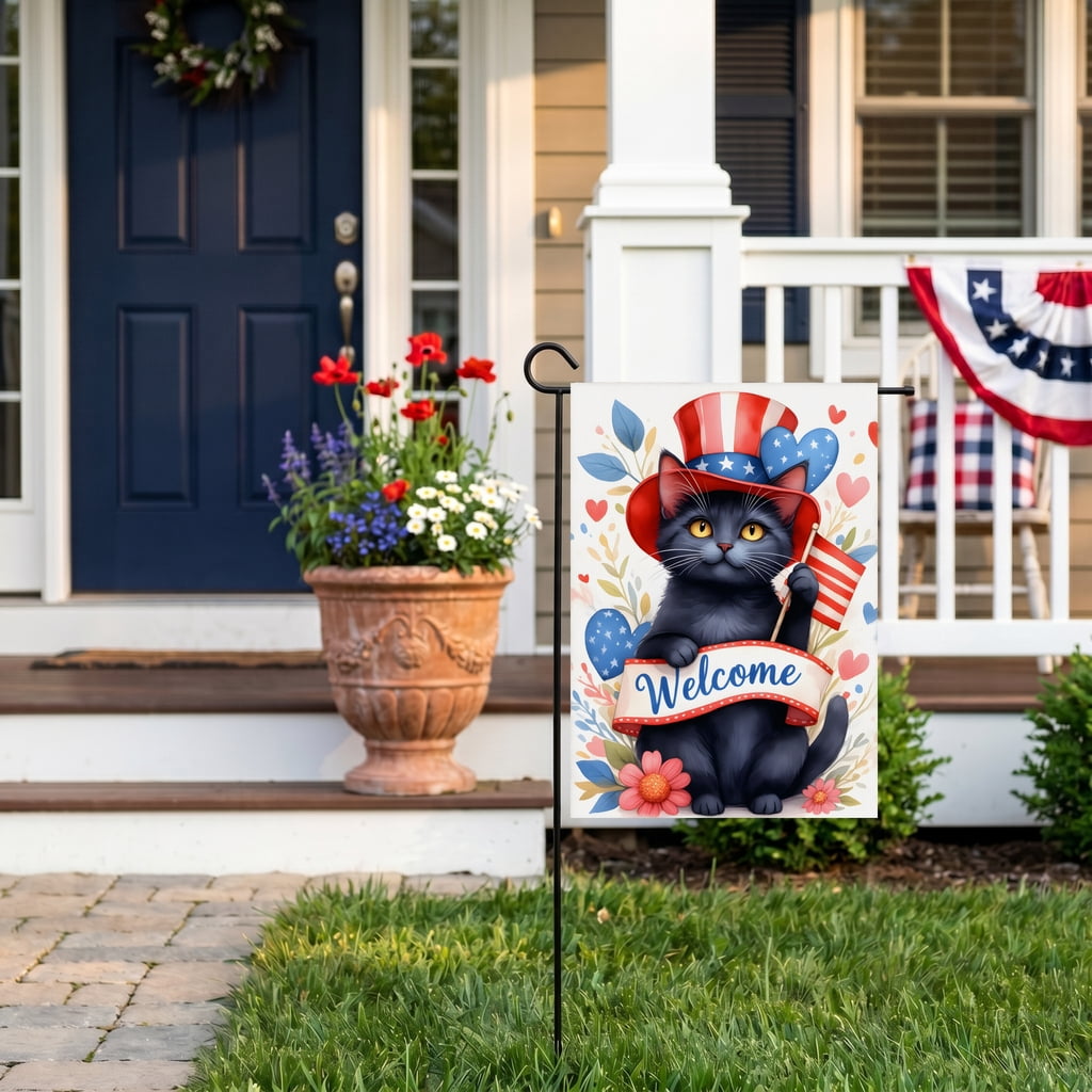 USA 250th Anniversary Garden Flag Black Cat Wearing Red White Blue Hat Holding Flag Independence Day Decorations 28x40 Inch Outdoor Banner 4th of July Decorations