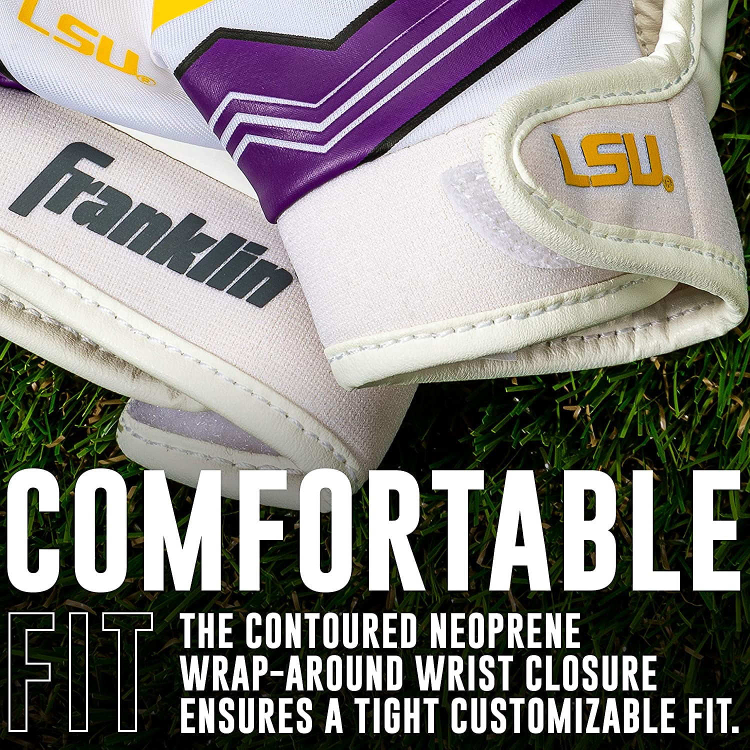 Franklin Sports LSU Tigers Kids Football Receiver Gloves - Youth Official NCAA College Team Football Gloves - Silicone Palm Receiver Gloves for Kids Ages 7 -10 - Youth Small/Extra Small