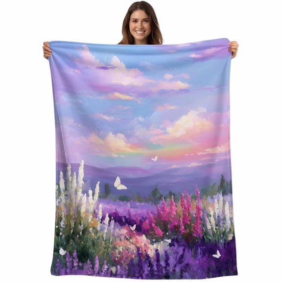 Purple Lavender Blanket Soft Cozy Warm Throw Blanket for Couch, Plush Fuzzy Flannel Fleece Blankets for Sofa, Spring Country Oil Painting Butterfly Flower Bed Blankets Gifts for Men, 32"x48"