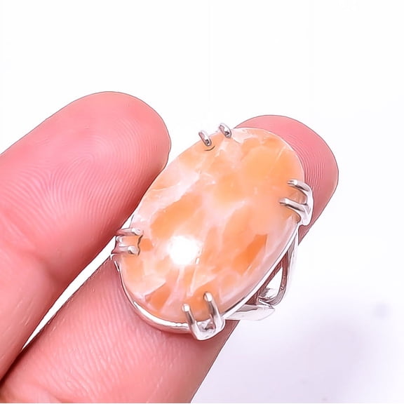 Orange Calcite-Peru Solitaire Gemstone Handmade 925 Silver Plated Ring s.8, Orange Orange Calcite Ring R_8024_295_135