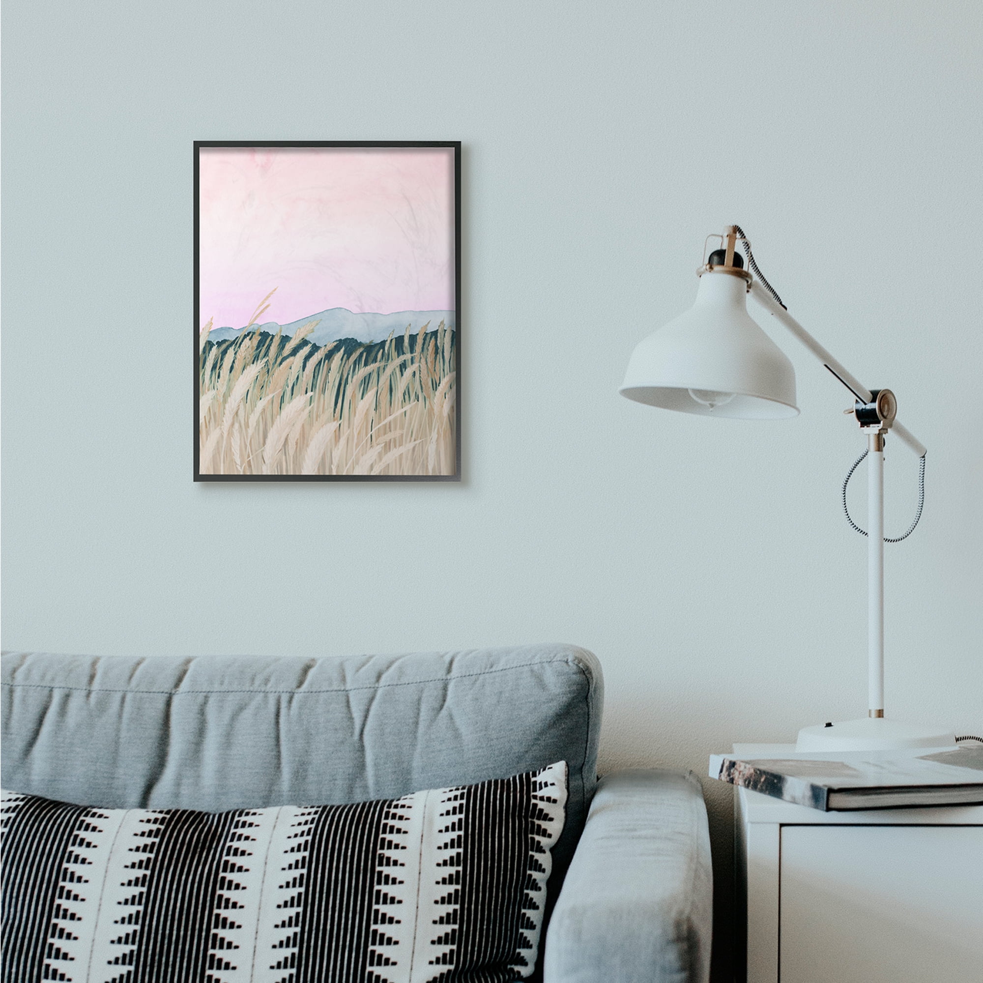 Stupell Industries Wheat Field Dawn Green Pink Watercolor Painting Framed Wall Art by Grace Popp, 16" x 20", Black Framed
