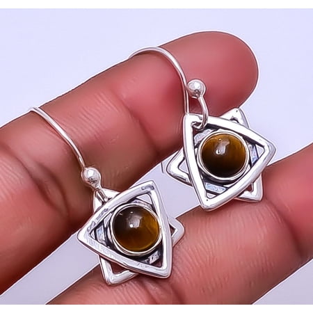 Yellow Tiger Eye - South Africa Designer 925 Sterling Silver Earring 1.33" E4, Gemstone Silver Jewelry, New Year Sale, Valentin's Day Gift