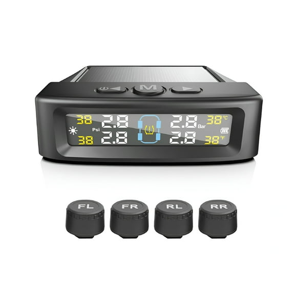 GJX Tire Pressure Monitoring System TPMS with Solar and USB Charger, 4 Tire Sensors and 6 Alarm Modes, Auto on/off and Voice Prompt TPMS with Color LCD Screen for RV, Sedan, SUV, MPV, etc., 0-87 PSI