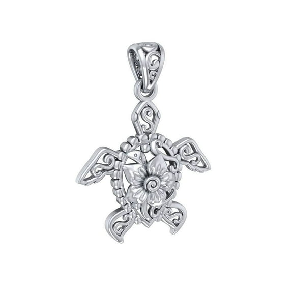 Turtle Filigree Flower 925 Sterling Silver Pendant Ocean Sea Life Totem Jewelry