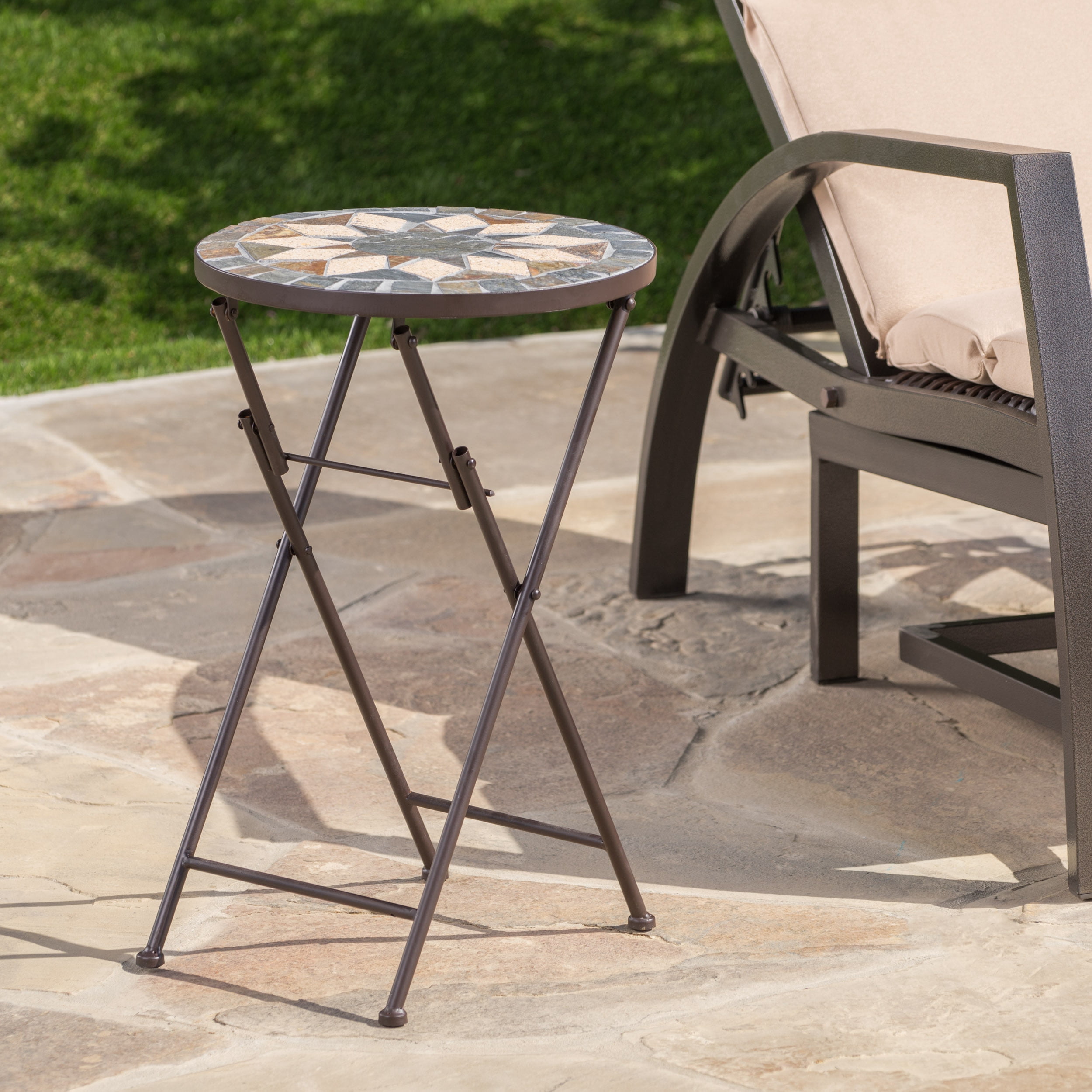Leumius 14" Folding Side Table with Stone Mosaic Top,Indoor Outdoor Accent Table for Patio/Outdoor