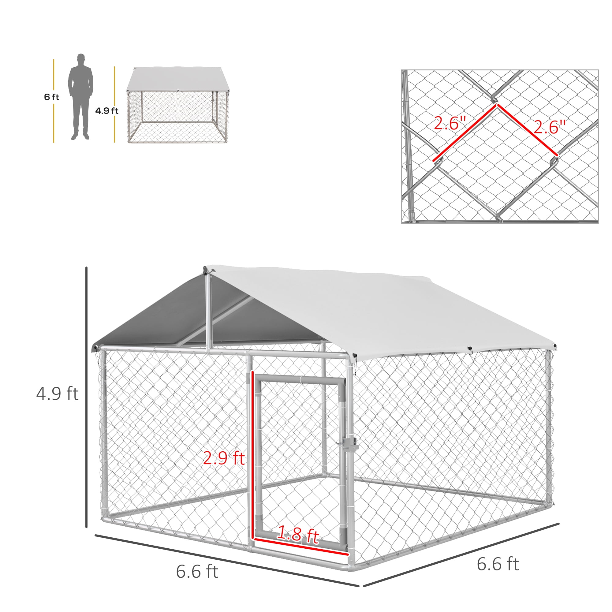 Large Outdoor Dog Kennel, Heavy Duty Galvanized Chain Link Dog Run with Waterproof Cover & Secure Lock
