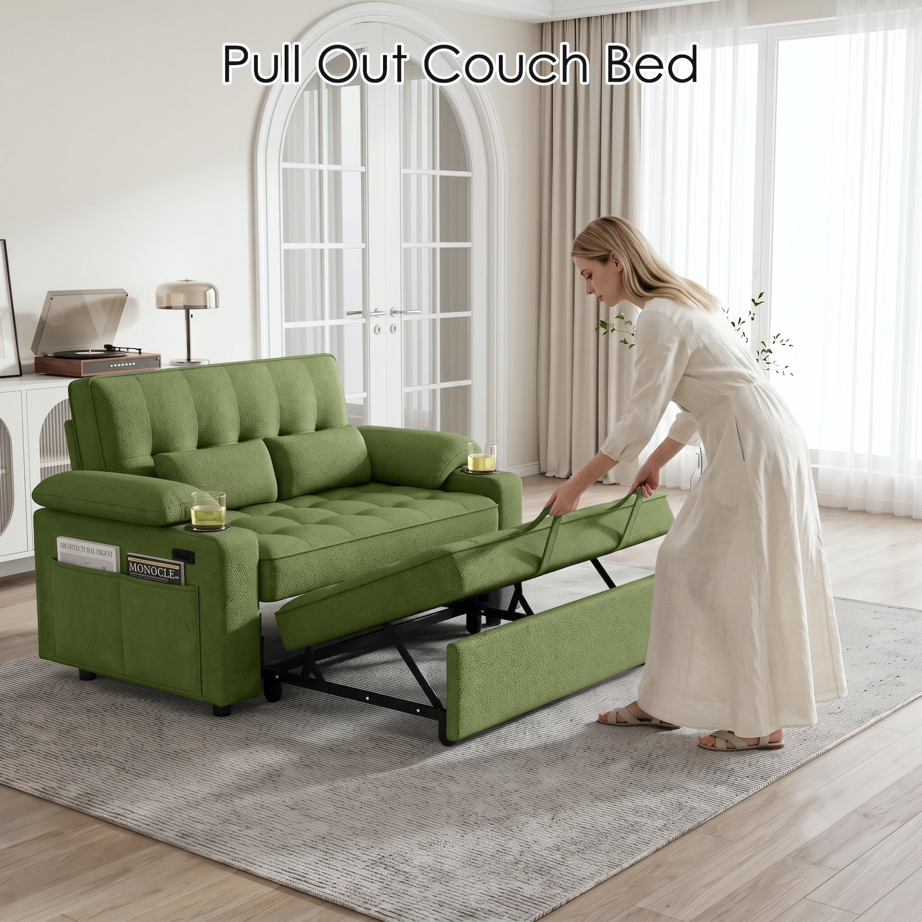 Xiweot Convertible Sleeper Sofa Bed, 58" Full Size Pull Out Couch with Cup Holders, Adjustable Backrest, USB Ports & Side Pockets, Towel Fabric Sleeper Loveseat for Living Room Apartment (Green)