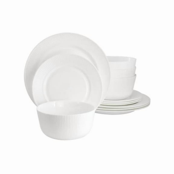 Gibson Ultra 142769.12 Ultra by Gibson Swanton Stripe Break-Resistant Opal Glass Dinnerware Set, White - 12 Piece