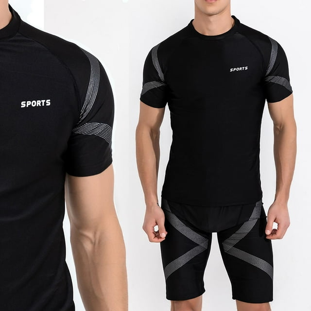 Handshe Men's Swimwear Set, Short Sleeve Rash Guard with Quick-Dry 5-Inch Trunks, Swim Shirts & Swim Trunks for Surfing Beach Activities