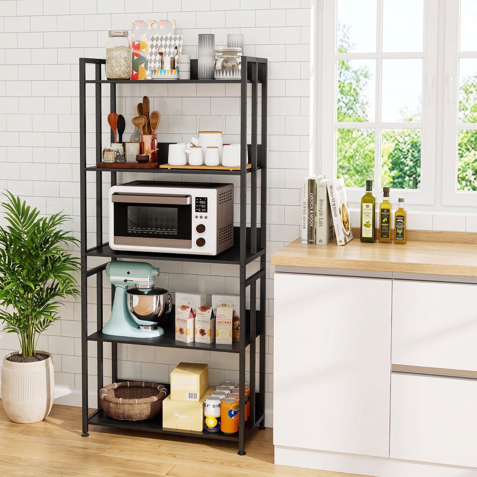 Furnibear 5-Tier Bookshelf with Adjustable and Tiltable Shelves for Living Room Home Office Bedroom Display Storage Shelf, Black