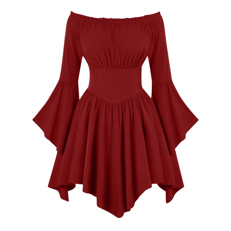 short red renaissance dress Enjoytime Halloween Women Dresses Solid Color Crewneck Long Sleeve Short  Dress Off The Shoulder Elegant Vintage Renaissance Costume Women Red M
