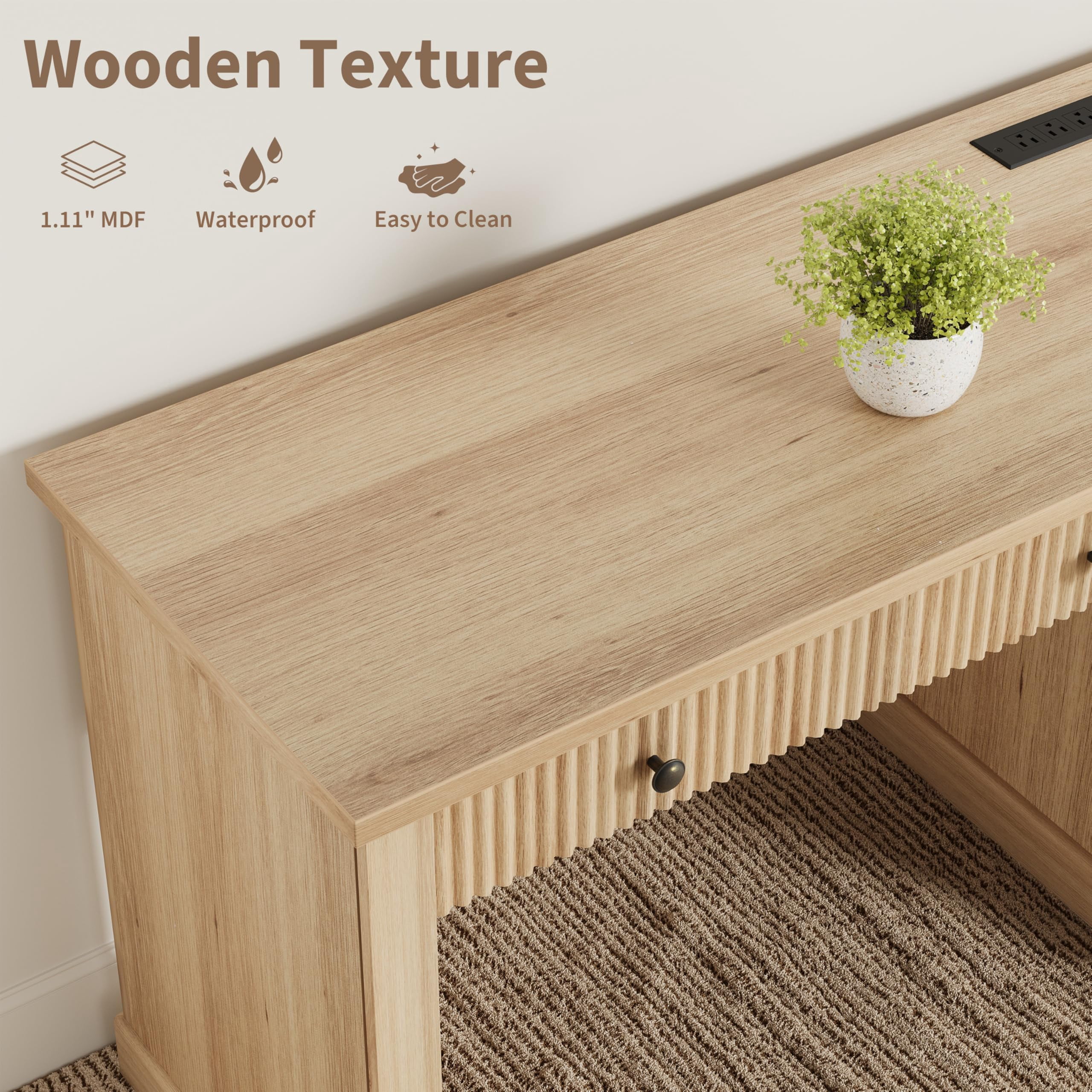 Accreate 54'' Fluted Home Office Desk with Storage, Modern Executive Desk with Charging Station, Wooden Computer Desk with Drawers for Storage File, Writing Desk for Study, Living Room, Bedroom