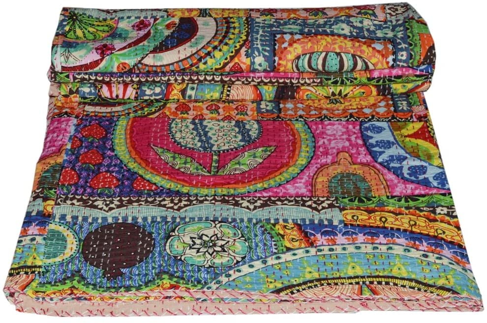 Indian Cotton Kantha Quilt Throw Floral & Fruit Print Design Multi Color Gudari 