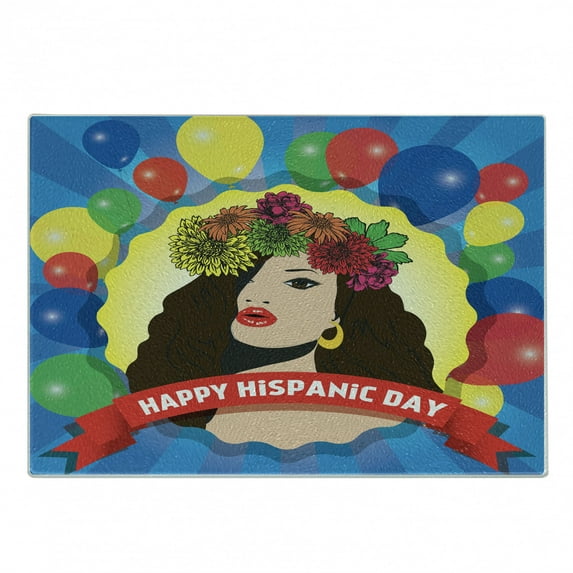 Hispanic Cutting Board, Colorful Design with Balloons and Happy Hispanic Day Text Pop Art Girl Portrait, Decorative Tempered Glass Cutting and Serving Board, in 3 Sizes, by Ambesonne