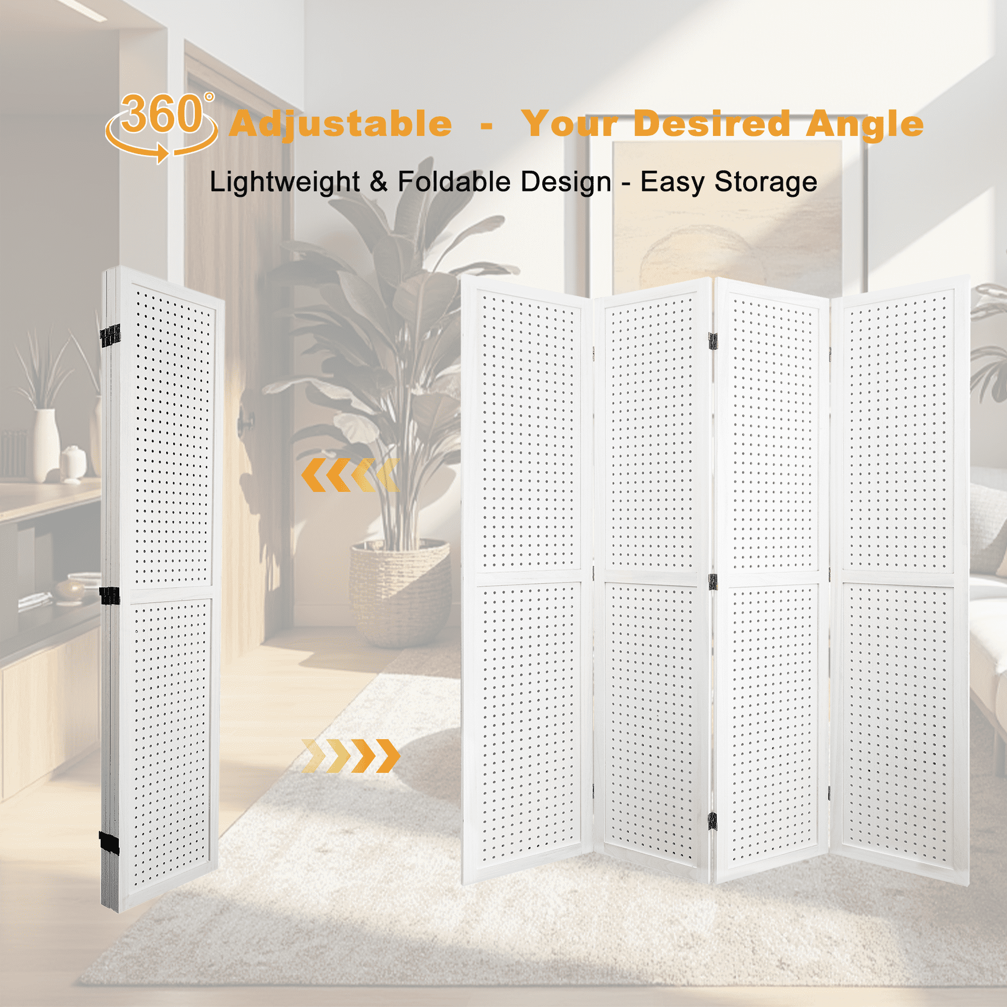 MAYEERTY 4 Panel Freestanding Room Divider, 5.6Ft Wooden Privacy Screen with Shelves, White