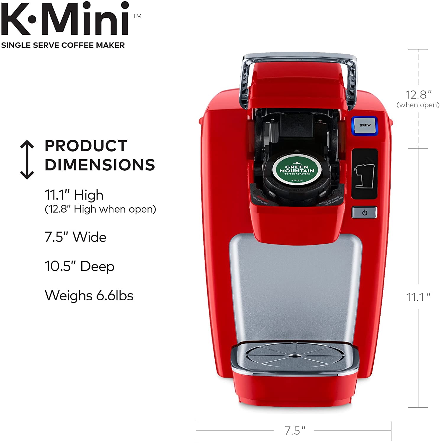 Keurig K15 Coffee Maker, Single Serve K-Cup Pod Coffee Brewer, 6 to 10 Oz. Brew Sizes, Chili Red