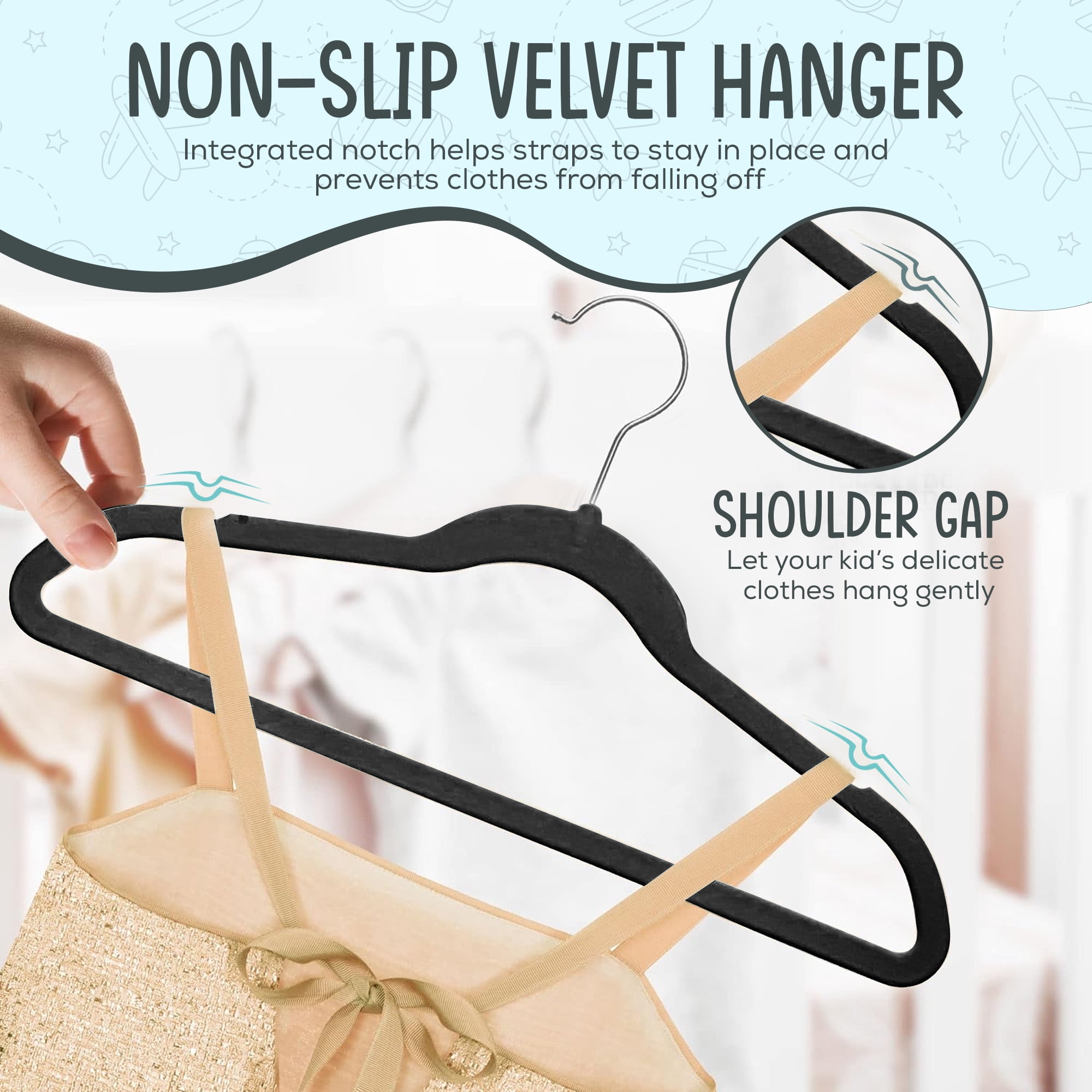 Techzoo Premium Kids Velvet Hangers 55 Pack – 14" Non Slip Felt Cloth Hangers for Closet – Ultra Slim, Space Saving Kids Clothes Hangers with 360° Swivel Hook, Toddler Children Kids Hangers – Black