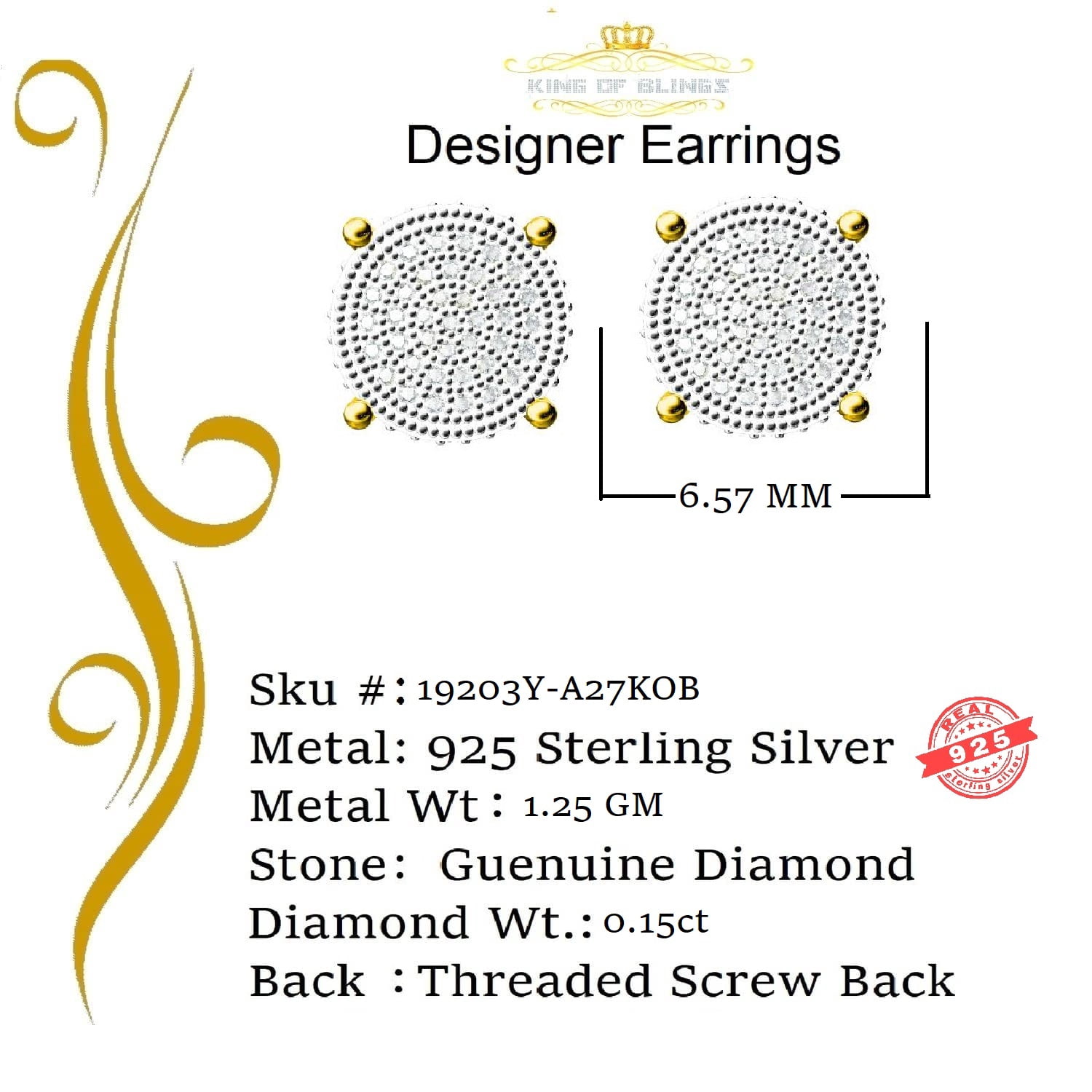 King of Bling's 0.15ct Diamond 925 Sterling Silver Yellow For Men & Women Round stud Earrings