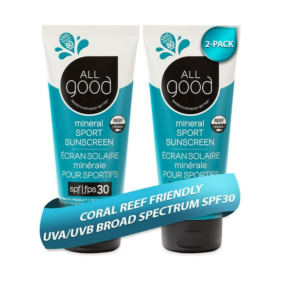 Loción mineral Sunscreen All Good Sport SPF 30+ 90 ml, paquete de 2