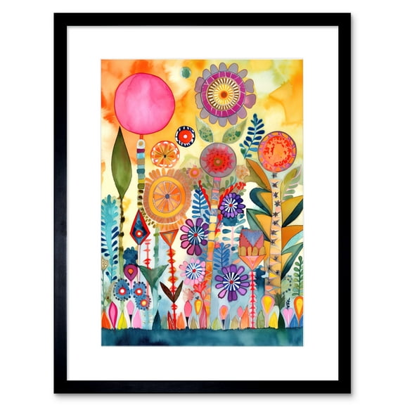 Garden Flowers In Spring Folk Art Watercolour Painting Artwork Framed Print Wall Art 9X7 Inch
