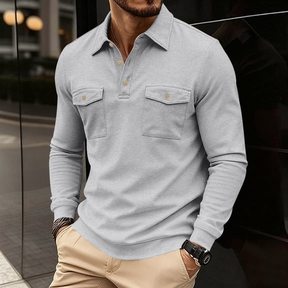Fznquz Golf Polos Long Sleeve Gray Dress Slim Shirts Winter 2025 Pocket Button Big and Tall Mens Clothes