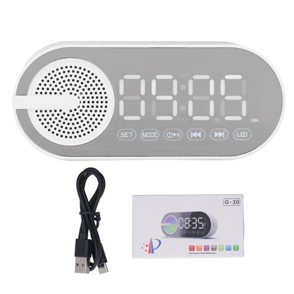Reloj despertador digital recargable con altavoz Bluetooth 5.0, graves potentes, radio FM y luces de colores, color blanco