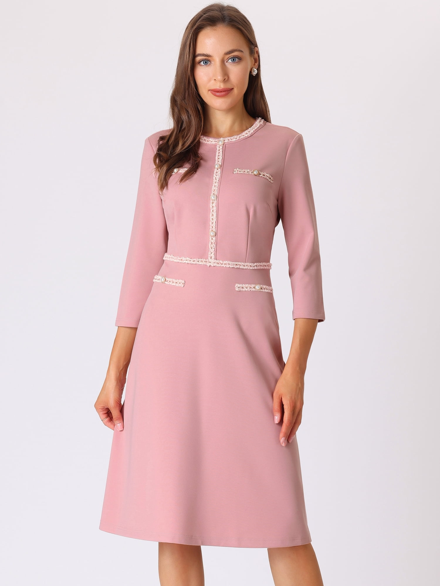 DARING DIVA Women's A-Line Contrast Color Tweed Trim Dress L Pink