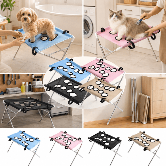 Dog Grooming Hammock Stand, Pet Grooming Table with Four Leg Support Design, Foldable Iron Frame Mesh Hammock for Nail Clipping, Bathing, Paw Care and Home Grooming, Blue