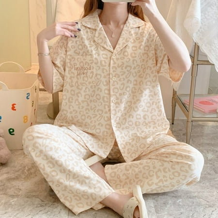 

QWZNDZGR Summer New Short Sleeve Women s Pajamas Set Cartoon Leisure Nightwear Knitted Cotton Plaid Long Pants Sleepwear Fashion Homewear