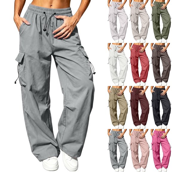 Baggy Cargo Pants For Women, Outdoor Elastic Waist Wide Leg Trouser, Teen Fall Hiking Streetwear Casual Pant, XS-3L