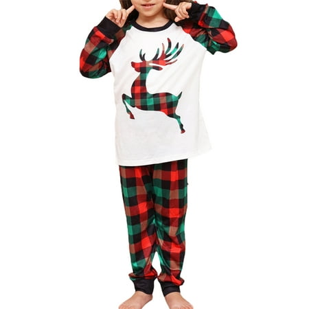 

Gueuusu Family Matching Christmas Pajamas Baby Romper/Elk Print Long Sleeve Tops and Plaid Pants Xmas Holiday Sleepwear Set