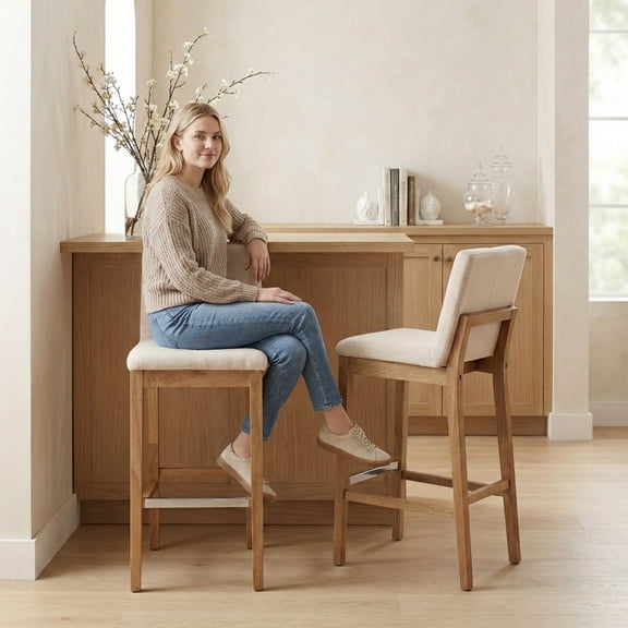 Guyou 26" Counter Height Bar Stools Set of 2, Modern Linen Upholstered Barstools, Rustic Farmhouse Wooden Kitchen Island Chairs with Backrest and Footrest for Dining Room Home Bar Patio Club, Beige