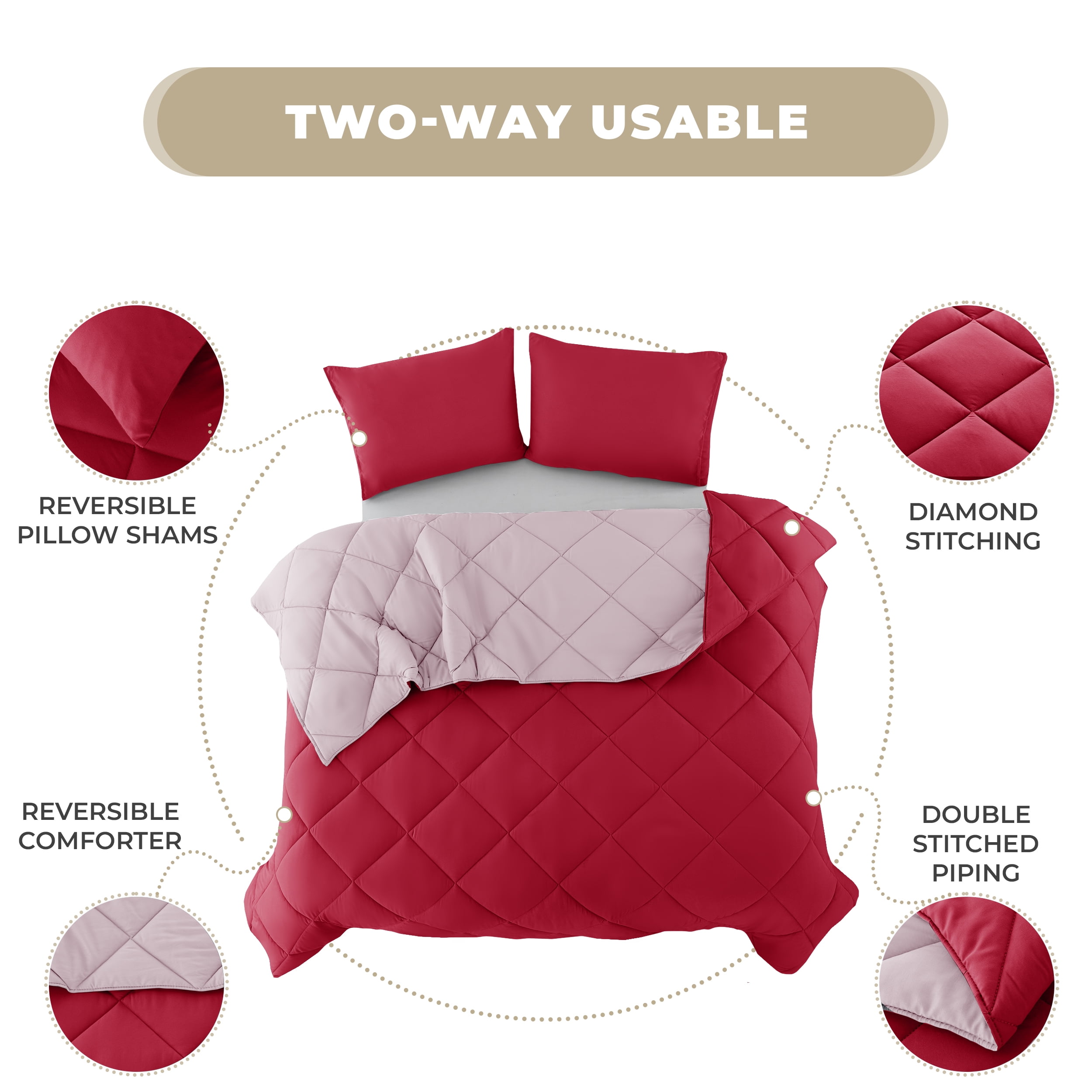 Lux Decor All-Season Comforter Sets Queen 3 PC, Reversible Bedding Set with Diamond Quilted Design Comforter and 2 Pillow Shams, Lightweight & Cozy Set de Cama Burgundy/Pink