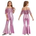 thumbnail image 5 of inlzdz Girls Sequin Fringe Romper Sparkly Glitter Metallic Flared Jumpsuit Disco Birthday Dance Outfit Pink 6, 5 of 6