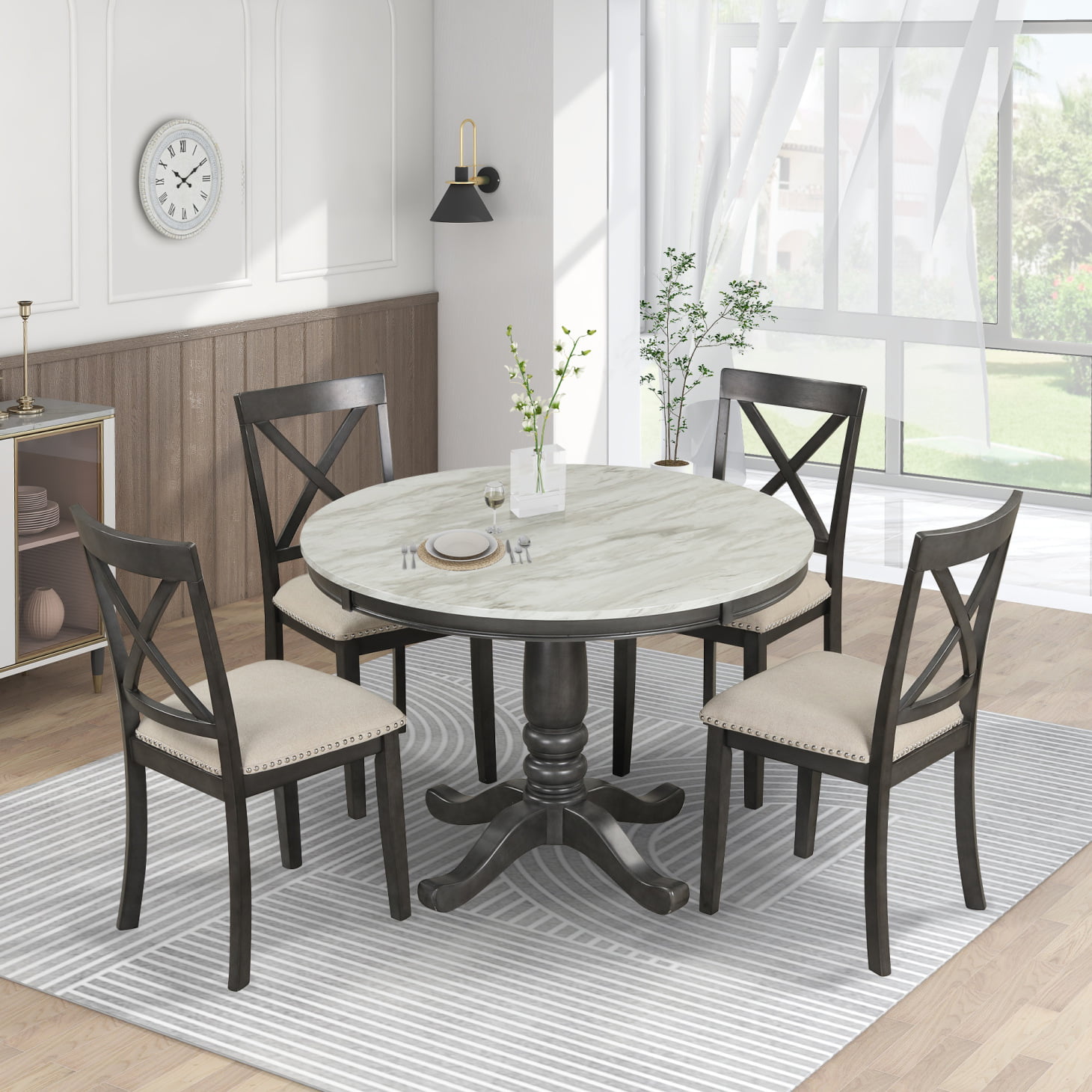 5 Pieces Dining Table and Chairs Set for 4 Persons, Kitchen Room Solid ...