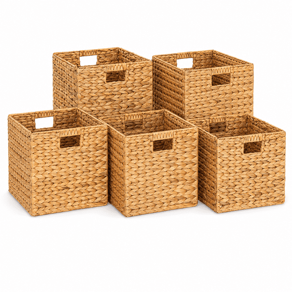 Set of 5 Water Hyacinth Storage Baskets, 10.5 x 10.5 Inch Foldable Cube Organizers with Handles, Handwoven Wicker Bins for Laundry, Nursery, Living Room, Closet and Home Storage
