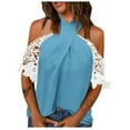 thumbnail image 2 of Cute Party Summer Tops for Women Plus Size Spaghetti Halter Crochet Lace Womens Blouses Trendy Tunics Off The Shoulder Sexy Shirts for Female Dressy Half Sleeve Casual Tshirt, 2 of 5