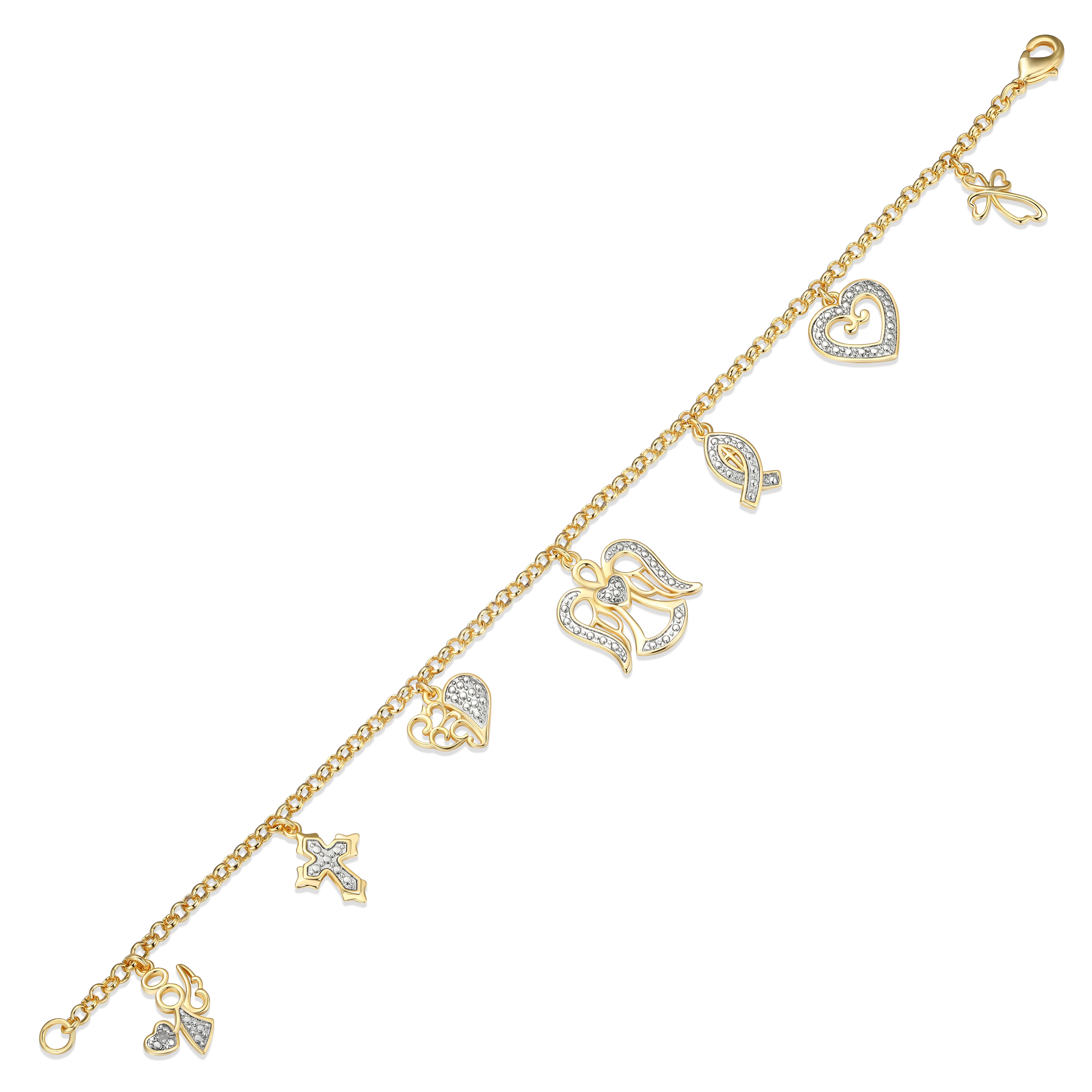 Forever Facets Women's Diamond Charm Bracelet Set in 14K Gold Plated Brass, 7.25 inch