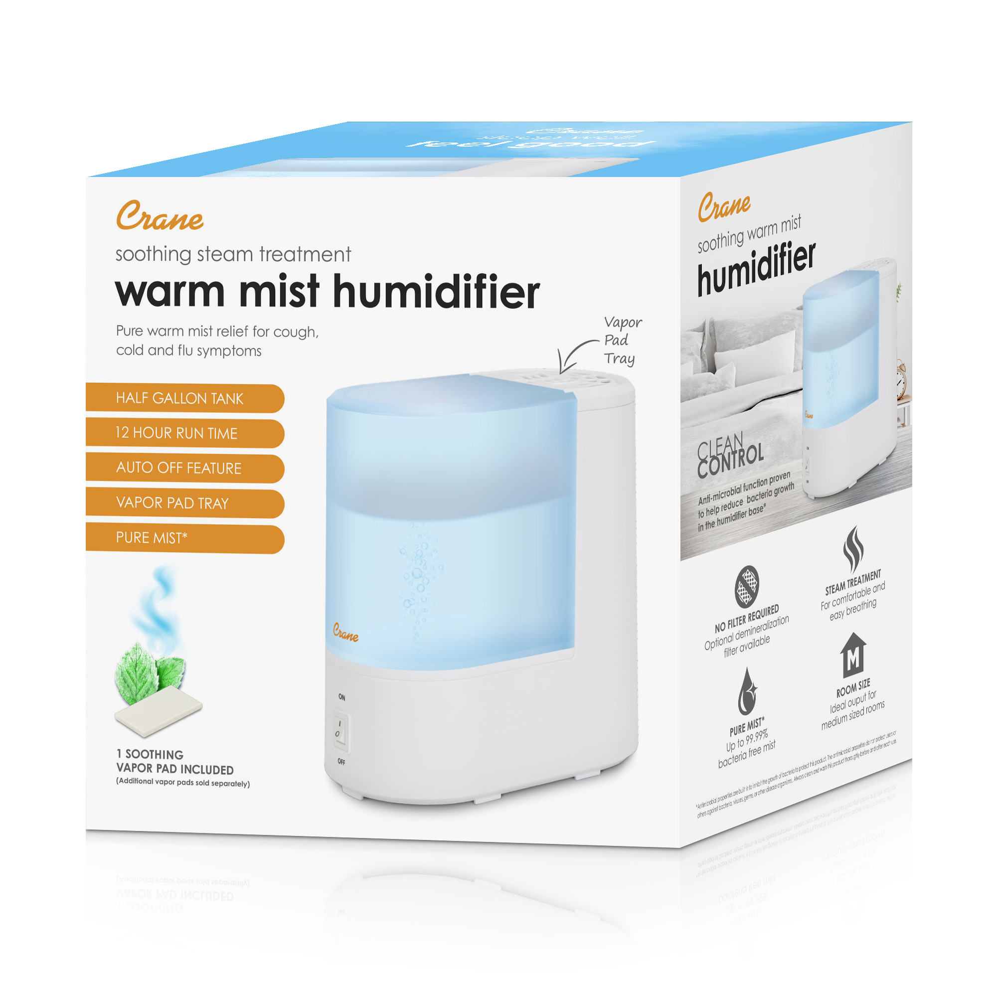 Crane Warm Mist Humidifier, 0.5 Gallon Tank, Steam Treatment with Vapor Pad Tray, Auto Shut-Off, Filter-Free, Quiet for Bedroom & Home